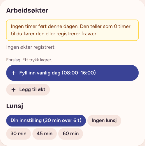 Arbeidsøkter på en dag som ikke er ført, med «Forslag. Ett trykk lagrer.» over knappen Fyll inn vanlig dag (08:00–16:00), og knappen Legg til økt