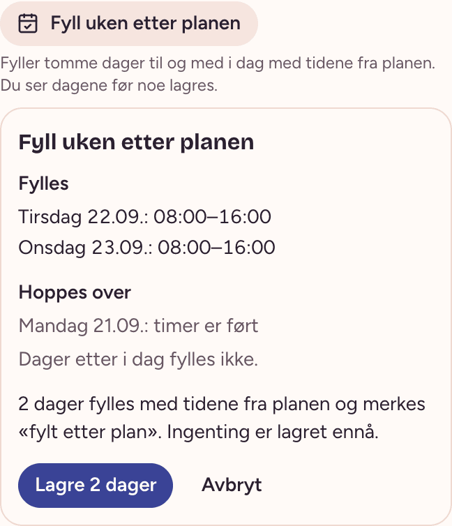 Lista under «Fyll uken etter planen» på mobil: to dager under Fylles med tidene, én dag under Hoppes over, og knappene Lagre 2 dager og Avbryt