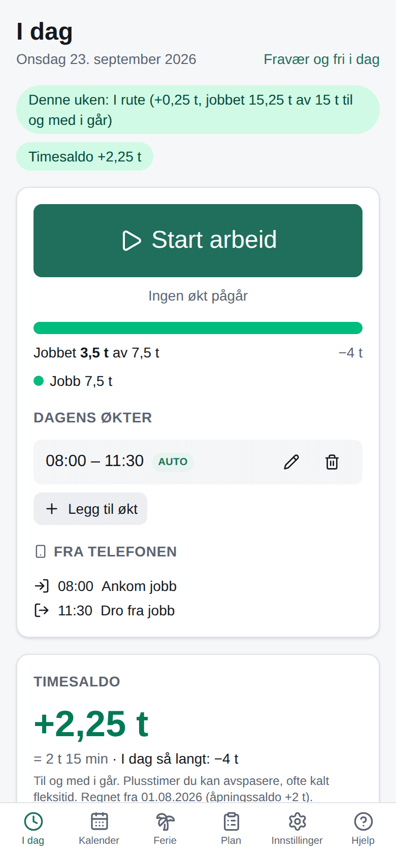 I dag med knappen «Start arbeid», dagens økter og planlagt og jobbet tid.